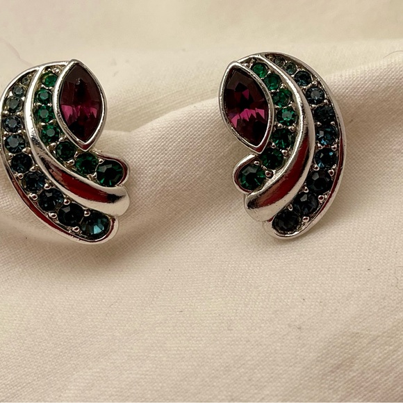 Vintage Signed Yves St Laurent YSL Rhinestone French Clip Earrings 1980s - Picture 5 of 8